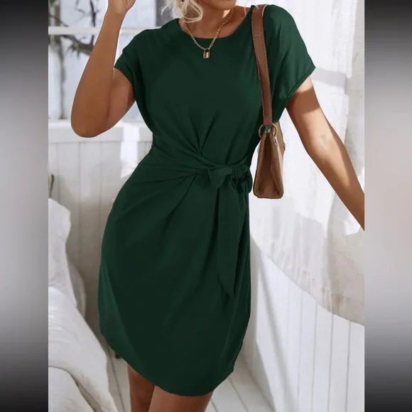 Dresses | Boho Dark Green Knot Side Batwing Sleeve Mini Dress | Poshmark